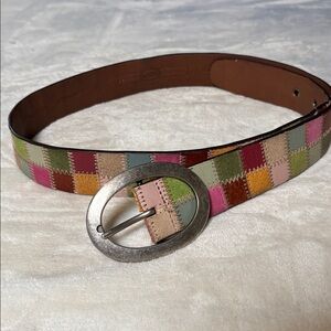 Vintage Fossil pastel & bright multicolor patchwork leather/suede belt Sz Medium